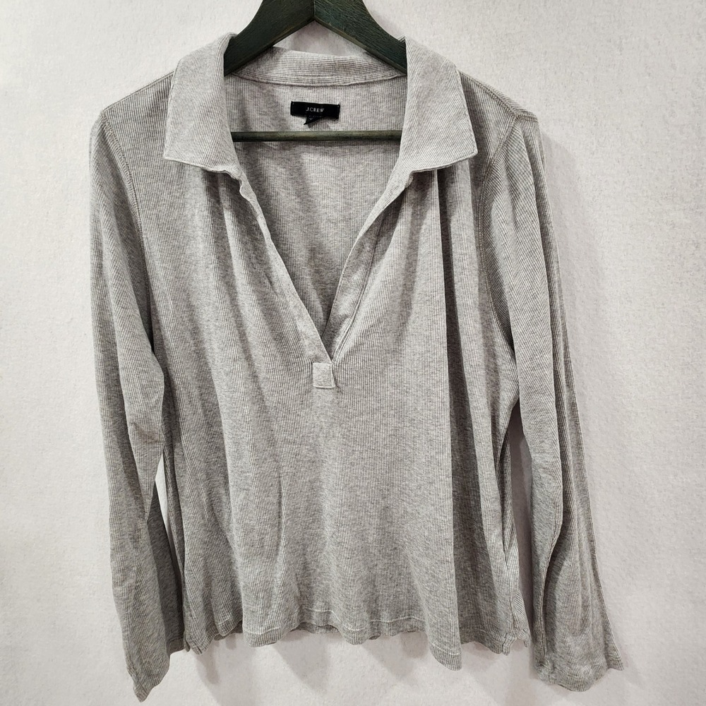 J.Crew Re-Imagined Grey Ribbed Long‎ Sleeve Polo V-Neck Top XXL